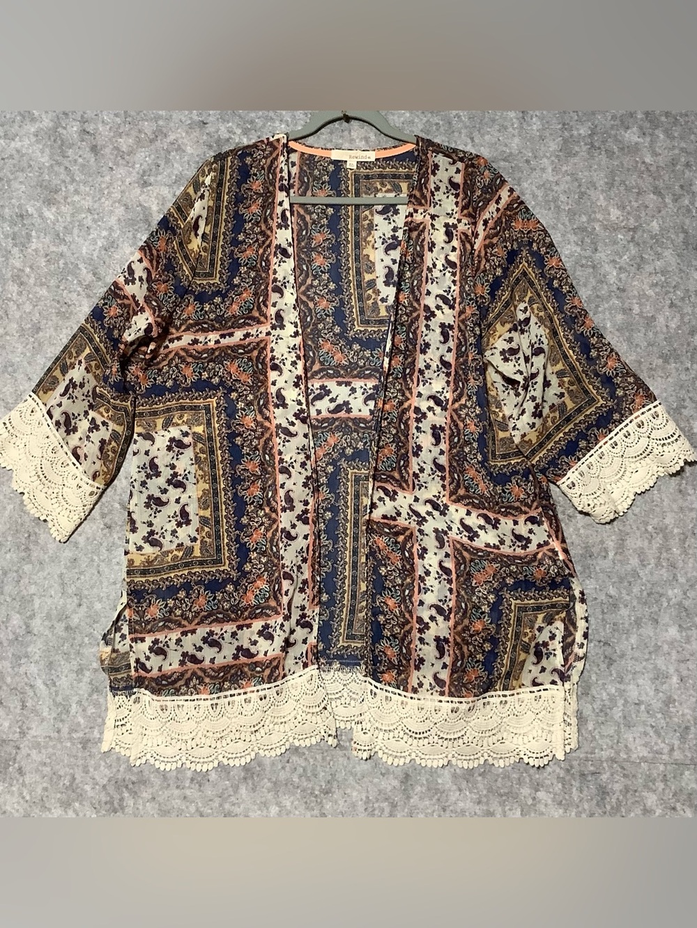 refuge Boho Crocheted Trim Open-Front Sheer Flowy Kimono in Navy, Cream & Rust